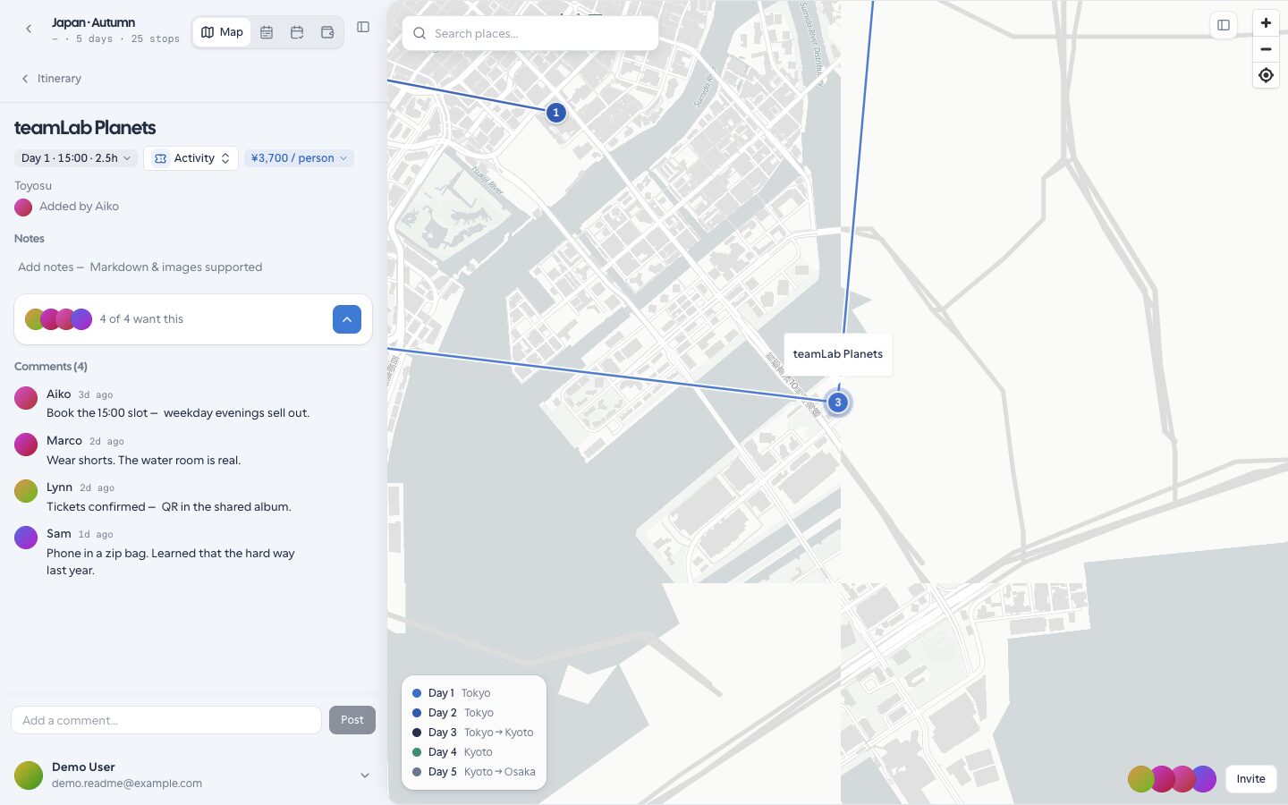 Stop detail with notes and media in the OpenTrip planner