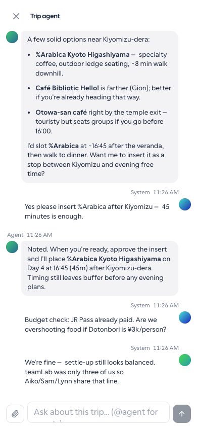 Mobile AI companion sheet in the OpenTrip PWA
